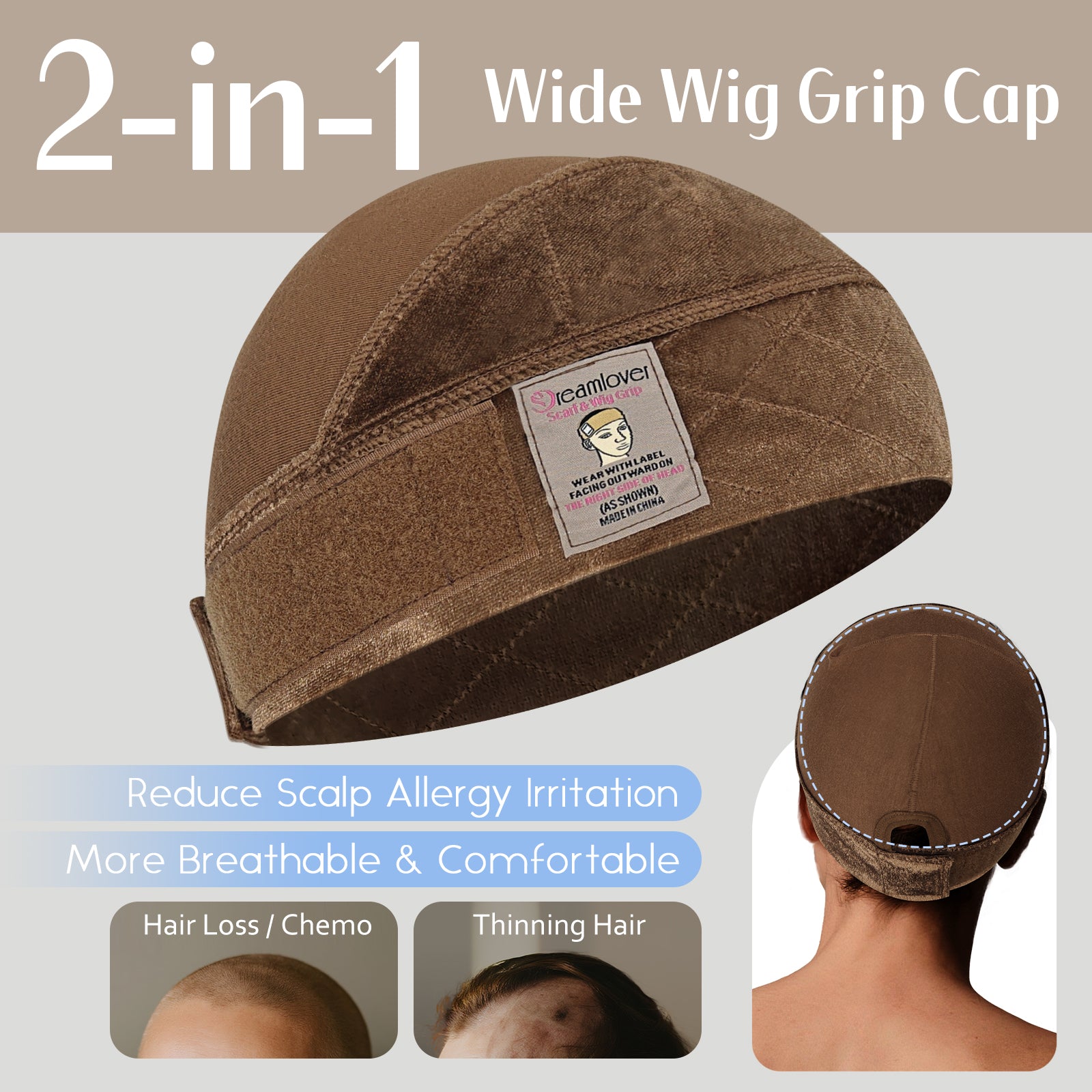 Dreamlover 2-in-1 Non Slip Wig Caps with Velvet Wig Grip Band for Women, Wide Wig Grip Cap for Glueless Wigs
